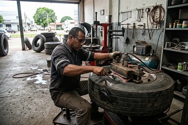 Profissional realizando vulcanização de pneus na borracharia em Sinop.